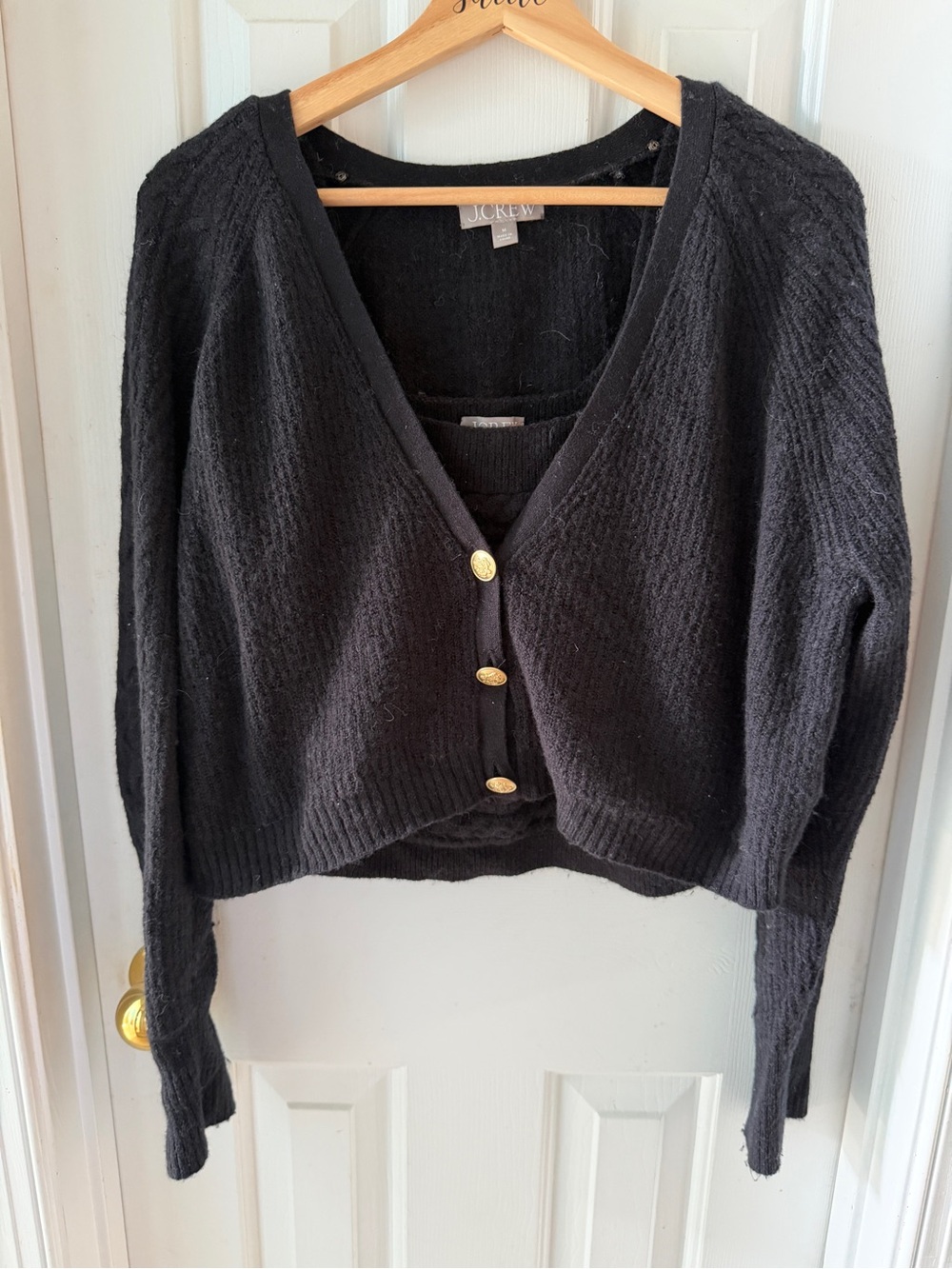 J. Crew Black Cropped V-Neck Cardigan with Matching Tank